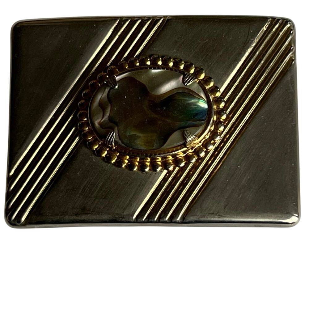 Vintage BELT BUCKLE gold silver tone ABALONE shell EUC Men‎ or women UNIQUE